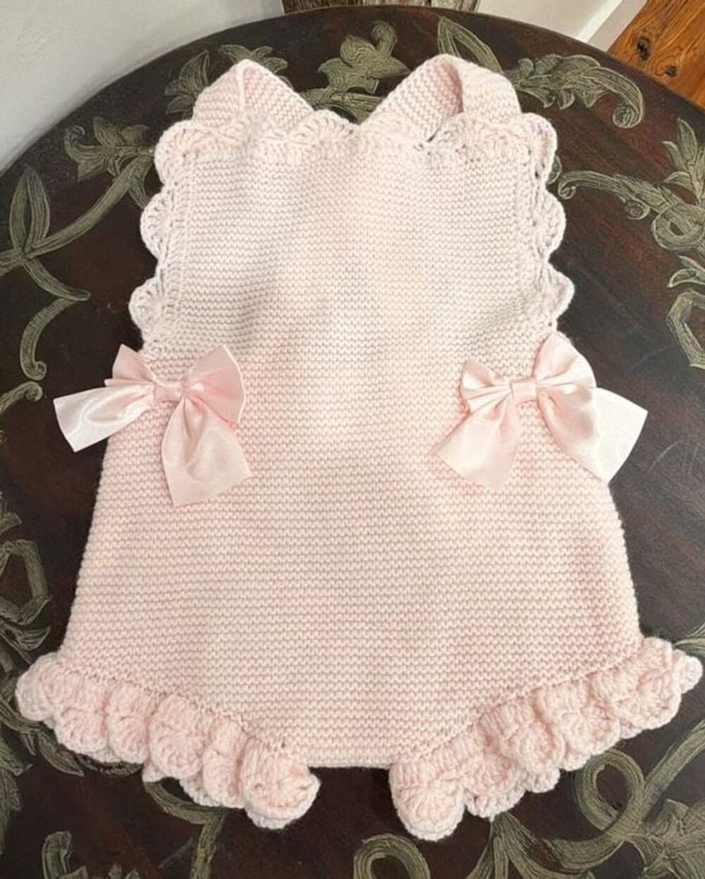Spanish Knit Baby Girl Pink Romper with Bows and Ruffle Hem